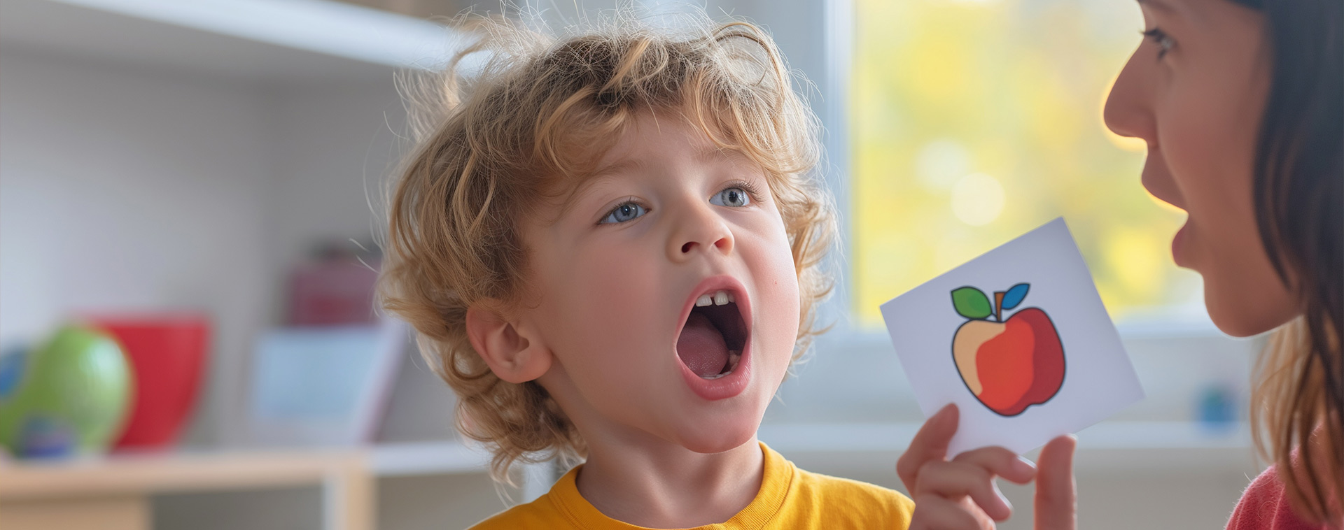 Ein junger Patient öffnet seinen Mund bei der Logopädie in Wilhelmsburg